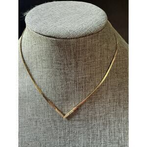 Vintage Avon Necklace Clear Rhinestone & Herringbone Chain V Center Cocktail